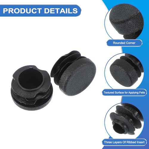 Image of PATIKIL 1 Inch Plastic Tubing End Caps, 4 Pcs Round Hole Plug Insert for Round Iron Pipe Chair Leg Table Bookshelves Patio Furniture, Black