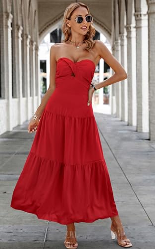 Image of ECOWISH Women's Summer Strapless Maxi Dress 2026 Off Shoulder Hollow Out Smocked A Line Tube Tiered Long Dresses