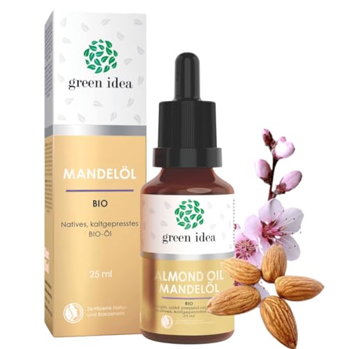Green idea - Mandelöl Bio für kosmetik kaltgepresst | Anti-Falten-Gesichtsöl | Natrue-Zertifikat | BIO zertifiziert Vegan | Körperöl trockene Haut und Haare | Mandelöl bio 25 ml