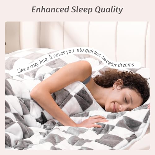 Wemore Flannel Fleece Weighted Blanket for Adult Queen Size 15 lbs, Dual Sided Luxurious Checkerboard Grid Heavy Blankets, Ultra Soft Throw Blanket, Plaid Grey, 60 x 80 inches