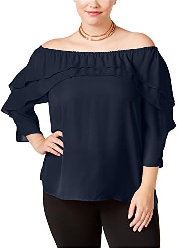 NY Collection Women's Plus Size Solid 3/4 Shoulder Top with Ruffles at Neckline and Sleeves, Twilight Night, 2X