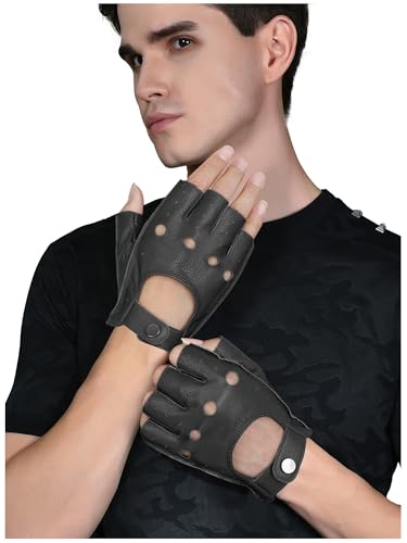 Image of GSG Men's Fingerless Leather Driving Gloves, Half Finger, lambskin | Half Finger Design, Breathable Comfort,Driving, Motorcycle Riding, Racing, Cycling, Daily Wear