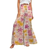 Generisch 2026-Palazzo-Hose mit weitem Bein für Damen Boho-Blumenmuster 2025 Sommer-Strand-Culottes fließende Freizeithose für den Urlaub (Light Yellow XL)