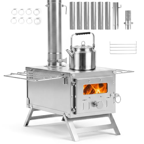COSTWAY Hot Tent Stove, Camping Tent Stove - 45 x 37 x 219 cm, Silver