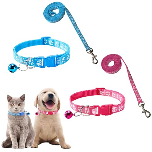 BAUCH Collare e Guinzaglio Cane Set di 2, Blu & Rosa Collare Regolabile per Cuccioli con Guinzaglio & Campana, Collare in Nylon per Cani Piccoli