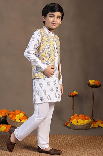 Image of Fashion Dream Boy's Cotton Blend Printed Kurta Pyjama And Jacket Set|Kurta And Payjama Set