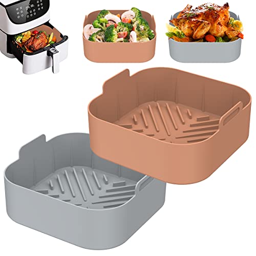 Lochimu 2Pcs Air Fryer Silicone Pot with Handle Reusable Air Fryer Liner Heat Resistant Air Fryer Silicone Basket Square Baking Pan Air Fryer Accessories Liners for Air Fryer Oven Microwave Cover