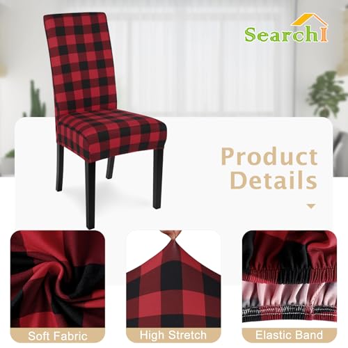 Image of SearchI Christmas Chair Covers Set of 4, Stretch Xmas Kitchen Chair Cover Removable Washable Holiday Parsons Chair Slipcovers for Dining Room, Christmas Decoration, Ceremony (Black /Red Plaid)