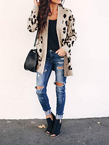 Chang Yun Women's Leopard Cardigan Sweaters Open Front Knit Kimono Long Sleeve Boyfriend Casual Coat Outwear with Pockets