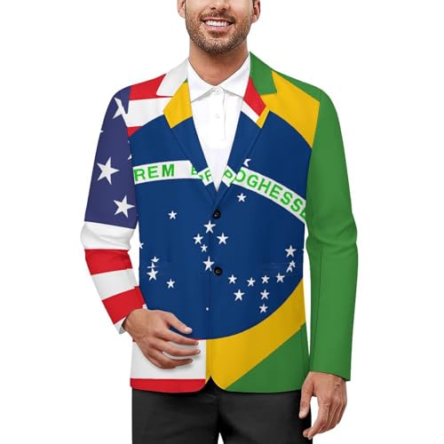 Brazil U.S. Friendship Flag Men's Fashion Slim Fit Casual Print Button Suit Jacket Notched Lapel Blazer