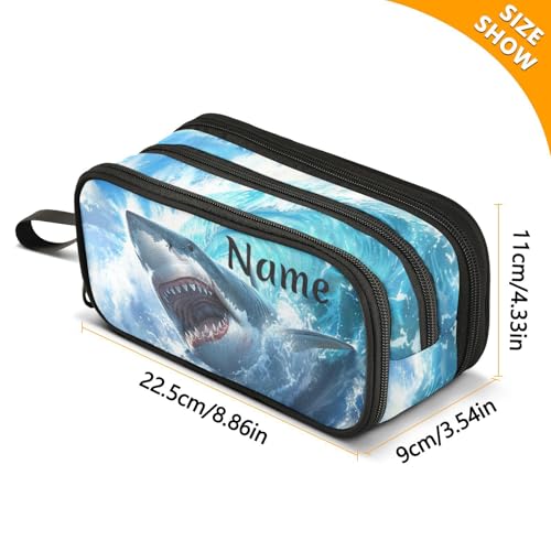 Image of Custom Shark Blue Ocean Wave Pencil Case Box Boys Girls Personalized Name Large Pencil Pouch Stationery Pen Bag Organizer for Kids Adults School Office