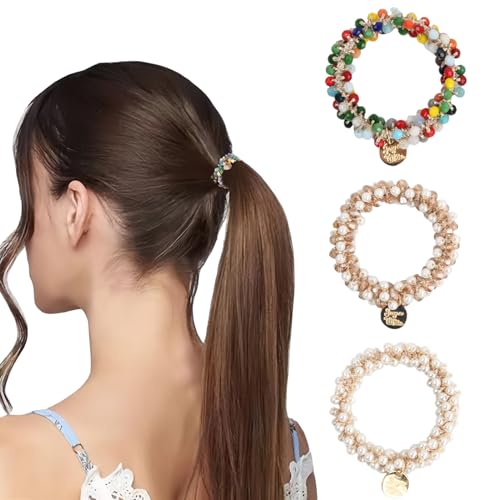Lazos para el cabello de Perlas Bandas Elásticos Cabello de Diamantes de Imitación Gomas de Pelo Perlas Coleteros Pelo Elástico, 3 piezas Scrunchie Elásticas de Perla Brillante para Mujeres y Niñas