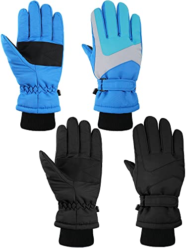 2 Pairs Kids Winter Ski Gloves, Waterproof Windproof Warm Gloves Cold Winter Gloves Unisex Warm Gloves For Boy Girl Skiing (Black, Blue,10-13 Years) #TOP7