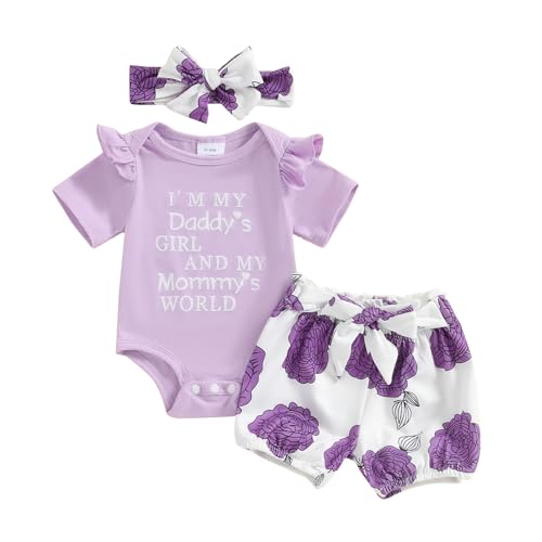 citgeett Newborn Outfits Baby Girl Daddy Girl Mommy World Ruffle Short Sleeve Romper Butterfly Shorts With Floral Headband (Deep purple, 3-6 Months)