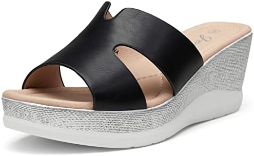 Jeossy Women's Sandals Black Platform Peep Toe Wedge High Heel Slip On Shoes Size 9.5(DJY825 Black 09.5)