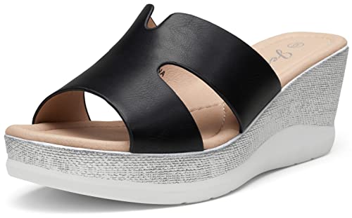 Jeossy Women's Sandals Black Platform Peep Toe Wedge High Heel Slip On Shoes Size 9.5(Djy825 Black 09.5) #TOP25