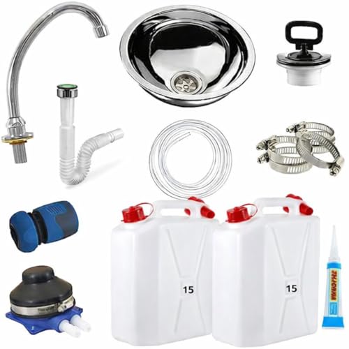 Express Water, kit de fabrication d'évier autonome, portable, indépendant, pompe à pied avec réservoirs de 15 litres, évier en inox et robinet chromé.