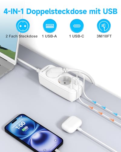 Verlängerungskabel 3M, Doppelsteckdose, Steckdosenleiste Klein mit 2 USB (1 USB-C), 2 Fach Steckdose für Hause Büro Küche, Weiß