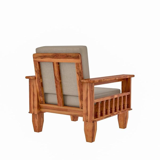 Image of Sheesham Wooden 1 Seater Sofa for Living Room | Rosewood 1 Seater Cushion Sofa with Side Newspaper Holder for Home & Office | Solid Wood Sofa Set for Lounge (Honey)