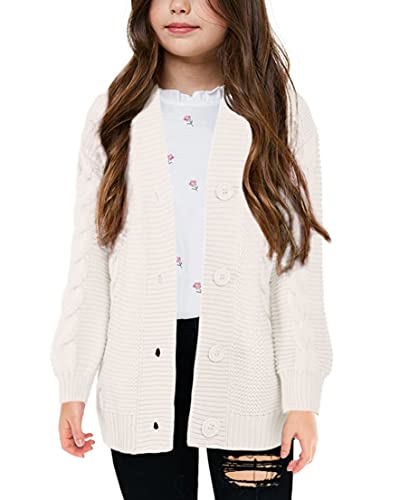 Image of Apbondy Girls Cable Knit Cardigans Button Down Long Sleeve Chunky Sweater Outerwear White