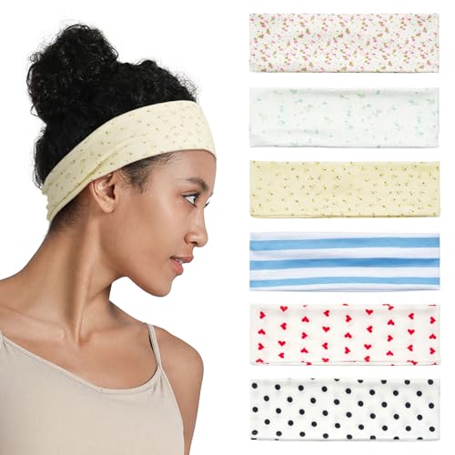 QIUTIMIY Headbands for Women Non Slip - 6 Pack Soft Stretchy Cotton Hair Bands for Womens Hair Fashion Sports Headbands for Yoga Workout Running Gym Daily WearStyle 1