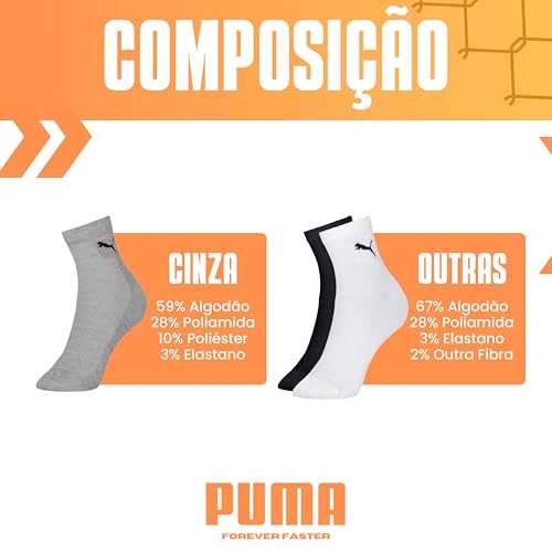 PUMA Kit 6 Pares Meia Cano Médio Básica Algodão Masculino Adulto, 2 Branca - 2 Cinza - 2 Preta, 39-4