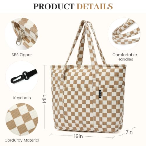 Image of Large Canvas Tote Bag for Women, Beach Bag with Zipper, Utility Tote Bag with 3 Front Pockets, Weekender Pool Bag
