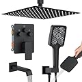 Bathtub Shower Faucet Set with Pressure Balance Valve, 12" Ceiling Mount Shower System with Tub Spout Multi-function Handheld Head Push Button Diverter Shower Trim Kit, Matte Black