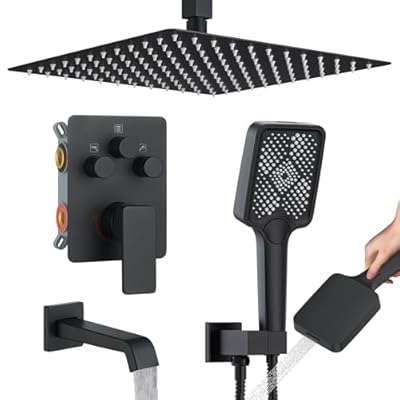 Bathtub Shower Faucet Set with Pressure Balance Valve, 12" Ceiling Mount Shower System with Tub Spout Multi-function Handheld Head Push Button Diverter Shower Trim Kit, Matte Black