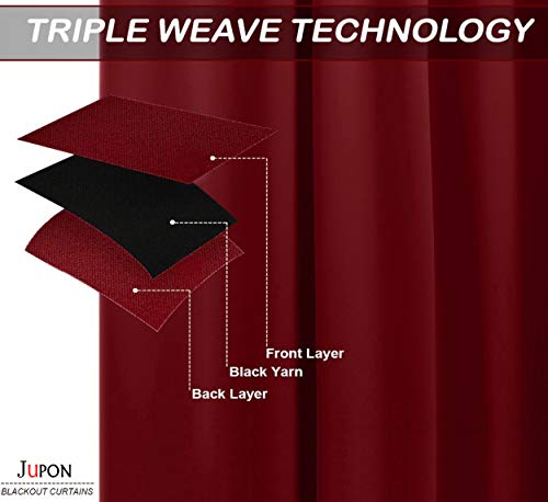 Image of JUPON Energy Saving Extra Wide Blackout Curtains for Bedroom with 3 Layers Weaving Technology, Set of 2 (54 x 108 inch - Maroon)