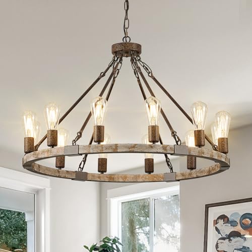 kackae Farmhouse Wagon Wheel Chandelier 31' Wooden Chandelier Light Fixture 12-Light Rustic...