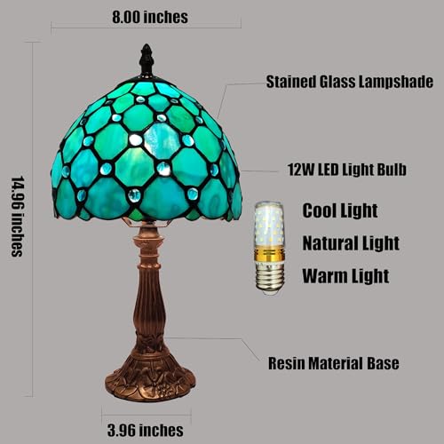 Image of Small Tiffany Table Lamp 8 Inch Tiffany Style Desk Lamp Stained Glass Antique Light Bedroom Bedside Lamp Retro Reading Lamps (Green Pearls Style)