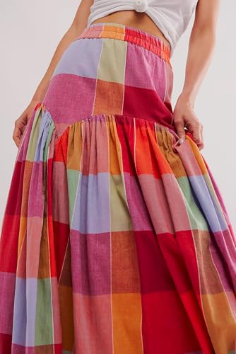 Women's Multicolour Plaid Print Ruched High Waist Casual Maxi Skirt3