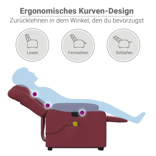 vidaXL Massagesessel, Verstellbar Sessel mit Aufstehhilfe, Fernsehsessel Relaxsessel mit Liegefunktion, Liegesessel Aufstehsessel Polstersessel, Weinrot Stoff – Bild 5