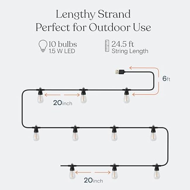 Brightech Ambience Pro USB Powered String Lights - 24 Ft Commercial Grade Waterproof String Lights, Outdoor Shatterproof Patio Lights for Camping, Christmas, Backyard, Porch - 1W LED Soft White Light