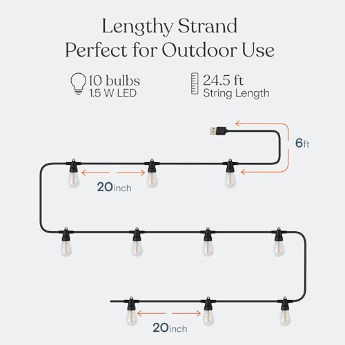 Brightech Ambience Pro USB Powered String Lights - 24 Ft Commercial Grade Waterproof String Lights, Outdoor Shatterproof Patio Lights for Camping, Christmas, Backyard, Porch - 1W LED Soft White Light