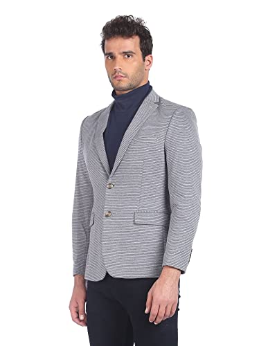 Image of Arrow Men Grey Single Breasted Striped Casual Blazer Regular