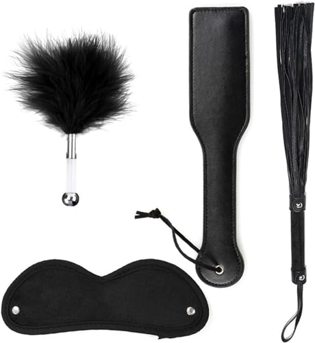Fouets,Masque pour les yeux, flogger et cravache,4 pièces set de chatouilleur de plumes massage bâton de plumes, bandeau pour les yeux flogger fétiche attaches sexuelles pour les couples