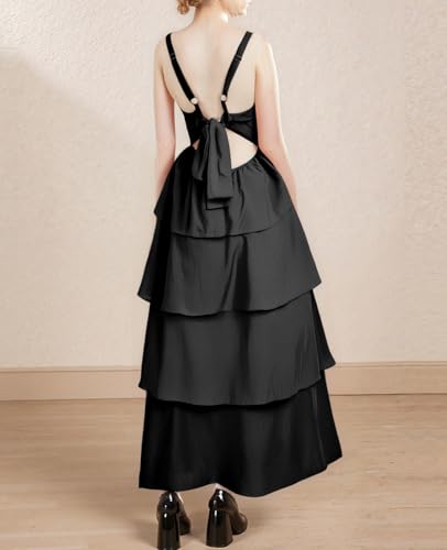 Image of Tiered Ruffle Dress Women Casual Summer Spaghetti Strap Sleeveless Floral Layered Maxi Dress for Women Beach Sundress