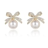 GAUEIOUR Pearl Bow Earrings,Silver Needle Imitation Pearl Earrings,Rhinestone Cute Alloy Ribbons Drop Earrings,Light Luxury Exquisite Niche Jewelry