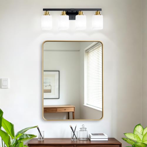 Image of 4-Light Vanity Light for Bathroom,Black and Gold Bathroom Light 24 inch | Bathroom Light Fixture with Square Frosted Glass, Wall Sconces fixtures Over Mirror Sink Restroom,Living Room Hallway