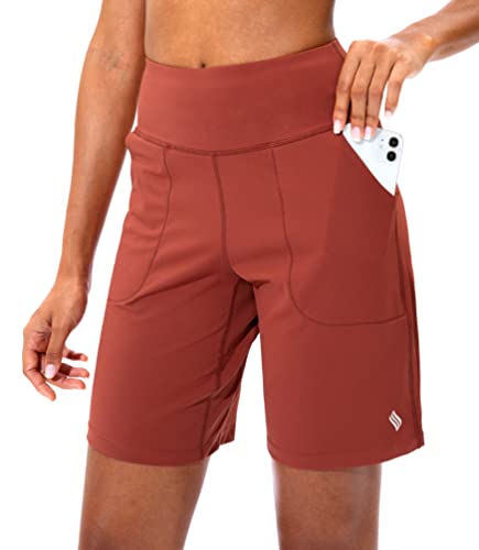 Santiny Bermuda Shorts For Women With Zipper Pocket Womens High Waisted Long Shorts For Running Workout Athletic(Savannah Red_L) #TOP16
