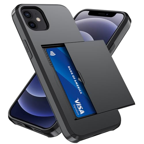 Qinmay Compatible with iPhone 12/12 Pro Case with Card Holder Dual Layer Shockproof Heavy Duty Protective Hidden Slot Slim Wallet Phone CoverBlack