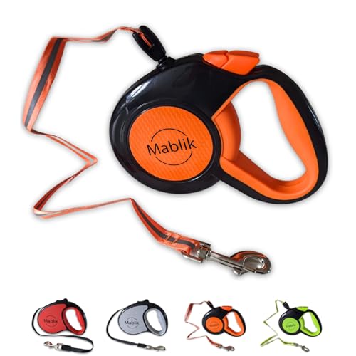 Mablik® Correa Perro Extensible 8 Metros Naranja, hasta 30 Kg Correa Extensible Perro Mediano, Cordón Resistente, Botón Frenado y Sistema de Auto-Enrollado. Mosquetón 360º, Ergonómico. (Naranja, 8M)