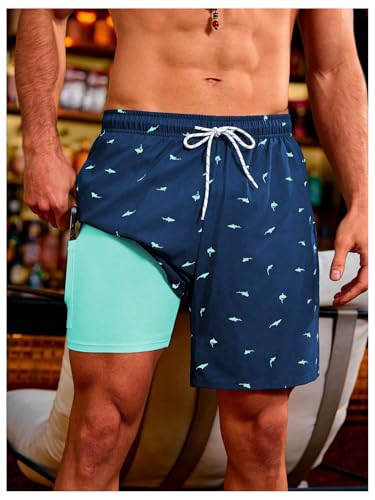 WDIRARA Men's Shark Print Quick Dry Beach Shorts Drawstring Waist Swim Trunks with Compression Liner and Pocket3
