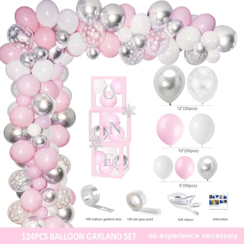 Winter Onederland Birthday Decorations, Winter Onederland 1st Birthday Decoration Party Supplies for Girl, Snowflake Photo Banner Highchair Banner Crown Balloon Garland Box Cake Topper
