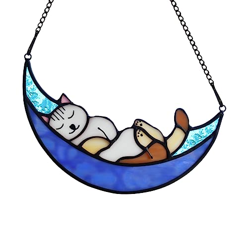 BOXCASA Sleeping Cat Stained Glass Windown Hanging,Cat on Moon Beautiful Handcrafted Sun Catcher Gifts for Daughter,Mothers Day,Christmas and Cats Lover