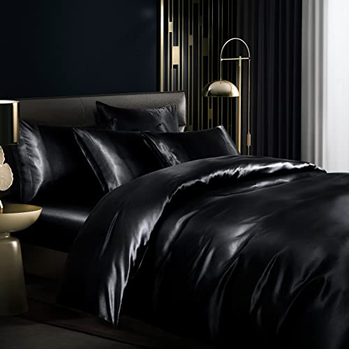 Manyshofu 6Pcs Black Satin Duvet Cover Set Queen Size With Satin Fitted Sheet - Not Comforter, Silky Comforter Cover Set Satin Duvet Covers And Sheets (4 Pillowcases, 1 Duvet Cover, 1 Fitted Sheet) #TOP1