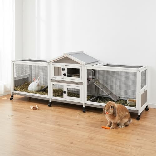 93” Large Rabbit Hutch Outdoor with Run, Wooden Expandable 2 Story Bunny House Rabbit Cage Indoor with 8 Wheels, Waterproof Roof, 4 Pull Out Trays, Guinea Pig Cage for Small to Medium Pets