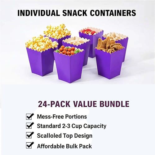 Image of Purple Popcorn Boxes 24-Pack, 4.1-Inch Disposable Snack Containers for Movie Night, Party Favor, Carnival, and Concession Stands